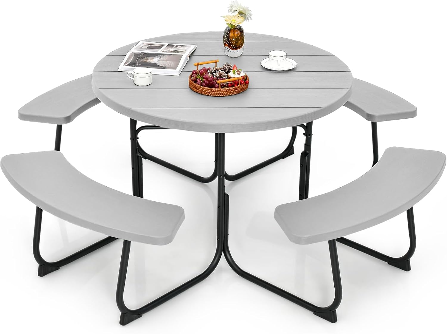 Tangkula 8 Person Picnic Table, Outdoor Round Picnic Table with 4 Built-in Benches, Umbrella Hole, Metal Frame & HDPE Tabletop, Outside Table and Bench Set for Garden, Backyard, Porch, Patio (Gray)