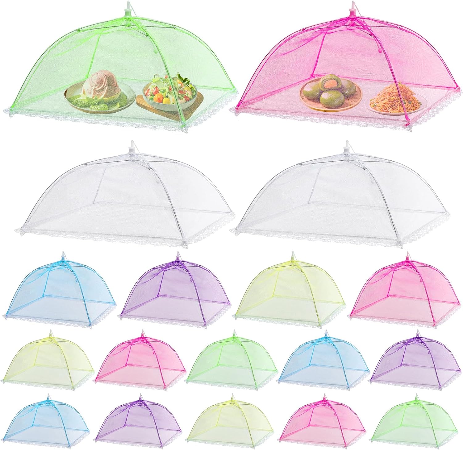 Tanlade 16 Pcs Mesh Food Cover Food Tent Set Reusable Collapsible Pop up Food Nets for Outdoors Summer Party Picnic, 2 Pcs 40" x 24", 4 Pcs 17" x 17", 5 Pcs 14" x 14", 5 Pcs 12" x 12" (Colorful)