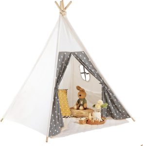 Teepee Tent for Kids Slumber Party with Mat & Light & Carry Case - Kids Cotton Canvas Play Tee Pee Tent Indoor Outdoor Folding for Boys and Girls Gift - Tipi Play House Garden Picnic Tents Child