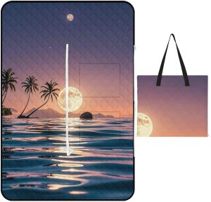 The Moon Above The Ocean Picnic Blanket with Zippered Tote Bag, Waterproof Portable Outdoor Blanket, Lightweight Foldable Outdoor Mat for Beach, Camping, Park, 150x100cm