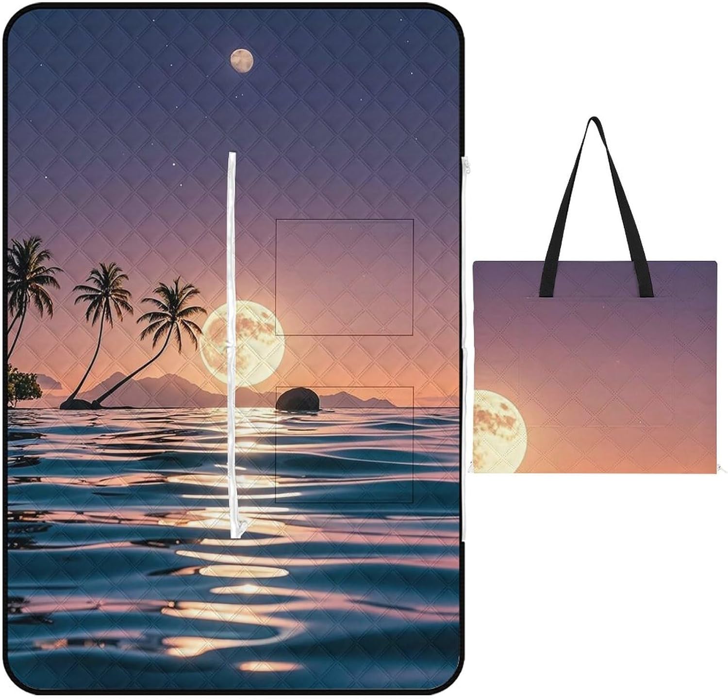 The Moon Above The Ocean Picnic Blanket with Zippered Tote Bag, Waterproof Portable Outdoor Blanket, Lightweight Foldable Outdoor Mat for Beach, Camping, Park, 150x100cm