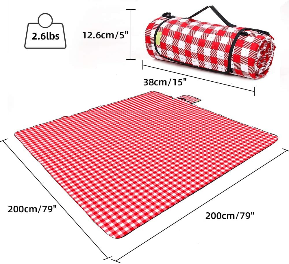 Three Donkeys Machine Washable Extra Large Picnic & Beach Blanket Handy Mat Plus Thick Dual Layers Sandproof Waterproof Padding Portable for the Family, Friends, Kids, 79"x79" (Red and white)