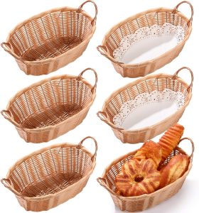 Tioncy 6 Pcs Wicker Bread Baskets with Handles Handwoven Oval Plastic Basket Food Serving Trays with Paper Liners Sets Fast Food Plates for Home, Restaurants, Picnic