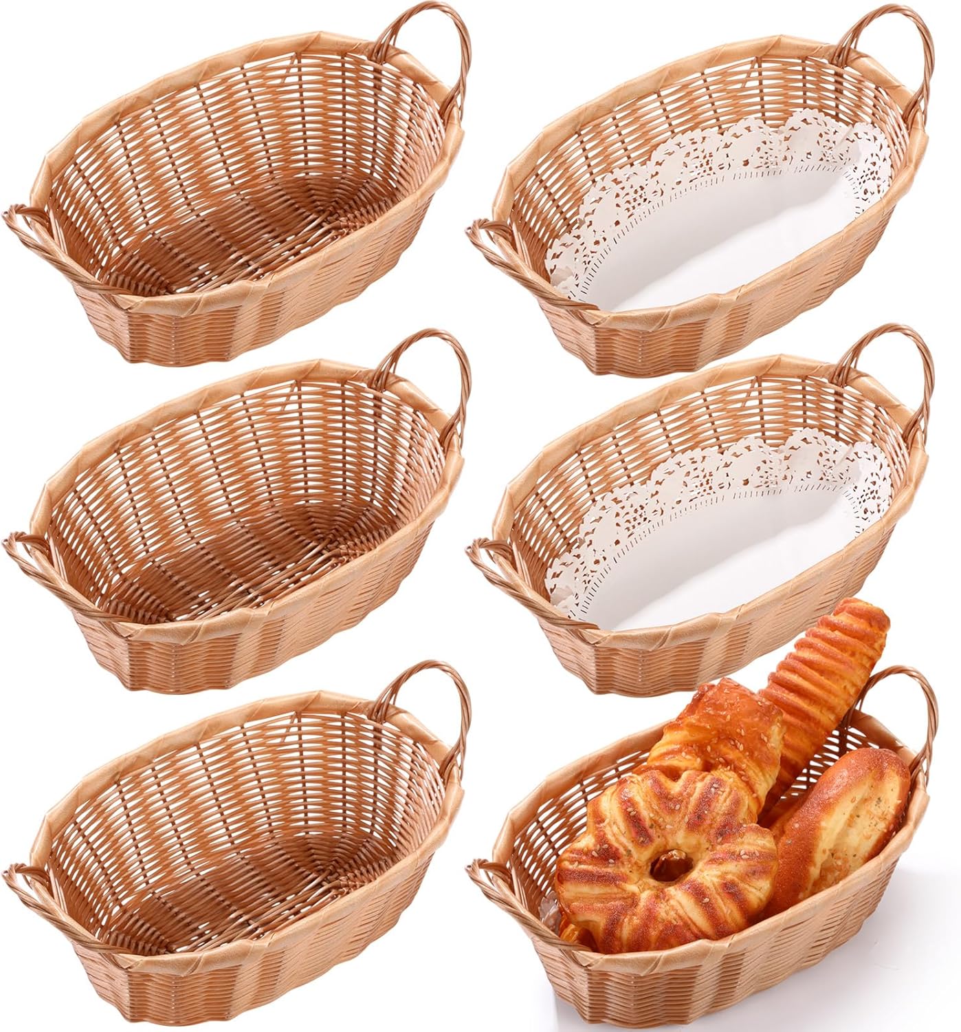 Tioncy 6 Pcs Wicker Bread Baskets with Handles Handwoven Oval Plastic Basket Food Serving Trays with Paper Liners Sets Fast Food Plates for Home, Restaurants, Picnic