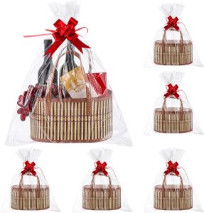 Tioncy 6 Set Baskets for Gifts Empty Bulk Large Woven Bamboo Gift Basket Kit with Handles, Clear Cellophane Wrap Baskets for Baby Shower, Birthday Party Wrapping Gift Bags Cards(Yellow)