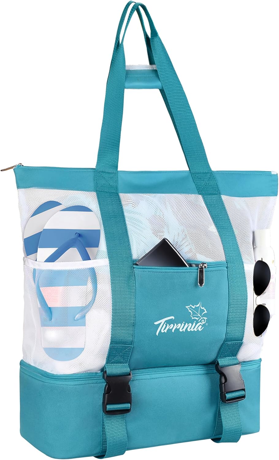 Tirrinia Mesh Beach Bag with Cooler Compartment, Extra Large Totes for Beach Travel, Functional Fashion Beach Bag for Women