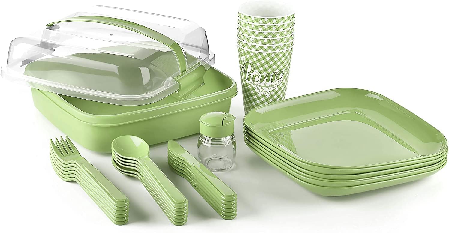 Tribello Camping Picnic Dishes Set with Case, 32 Plastic Reusable Cutlery - BPA Free, Microwave / Dishwasher Safe