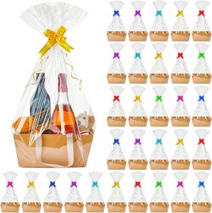 Tuanse 30 Pcs Basket for Gift Empty DIY Bulk Gift Basket Kit with Handle Kraft Cardboard Tray with 30 Bag 30 Bow Market Tray for Wedding Party(Brown,9.8 x 6.5 x 4.3 in)