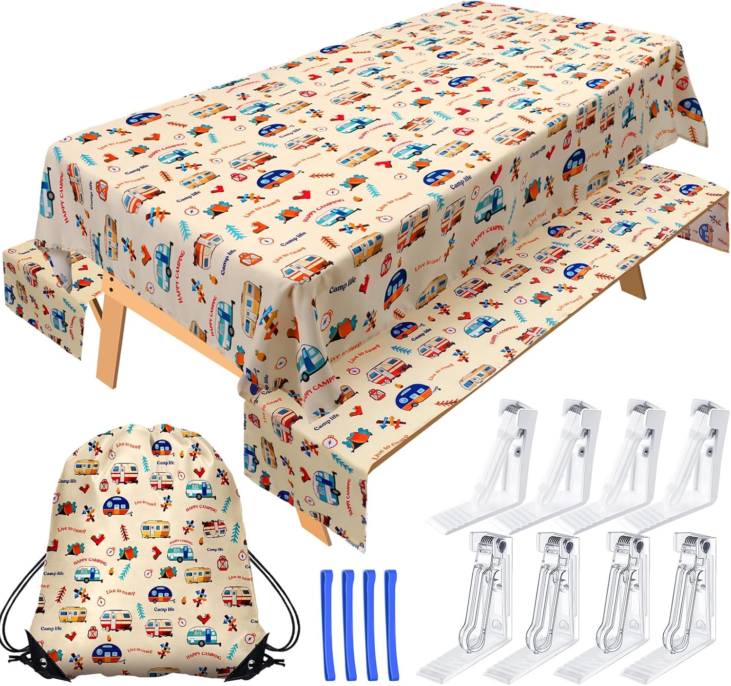 Tudomro Camping Tablecloth with Picnic Bench Covers, Picnic Table Cover Fits 4ft to 7ft Picnic Tables, Washable Reusable Polyester Table Cloth for Camping Included Storage Bag and Clip (Fresh Style)