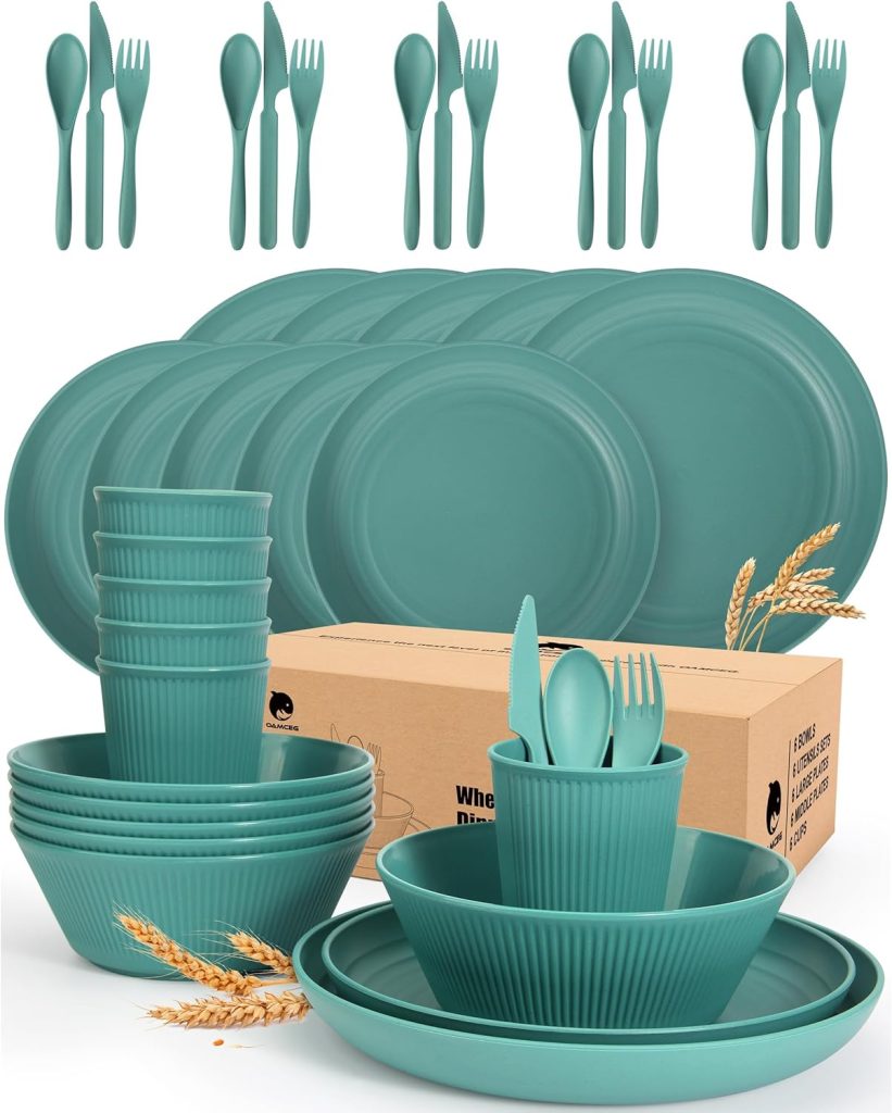 Unbreakable OAMCEG 42-Piece Wheat Straw Dinnerware Set - Plastic Bowls and Plates for 6, College Dorm and Outdoor Camping Use, Green