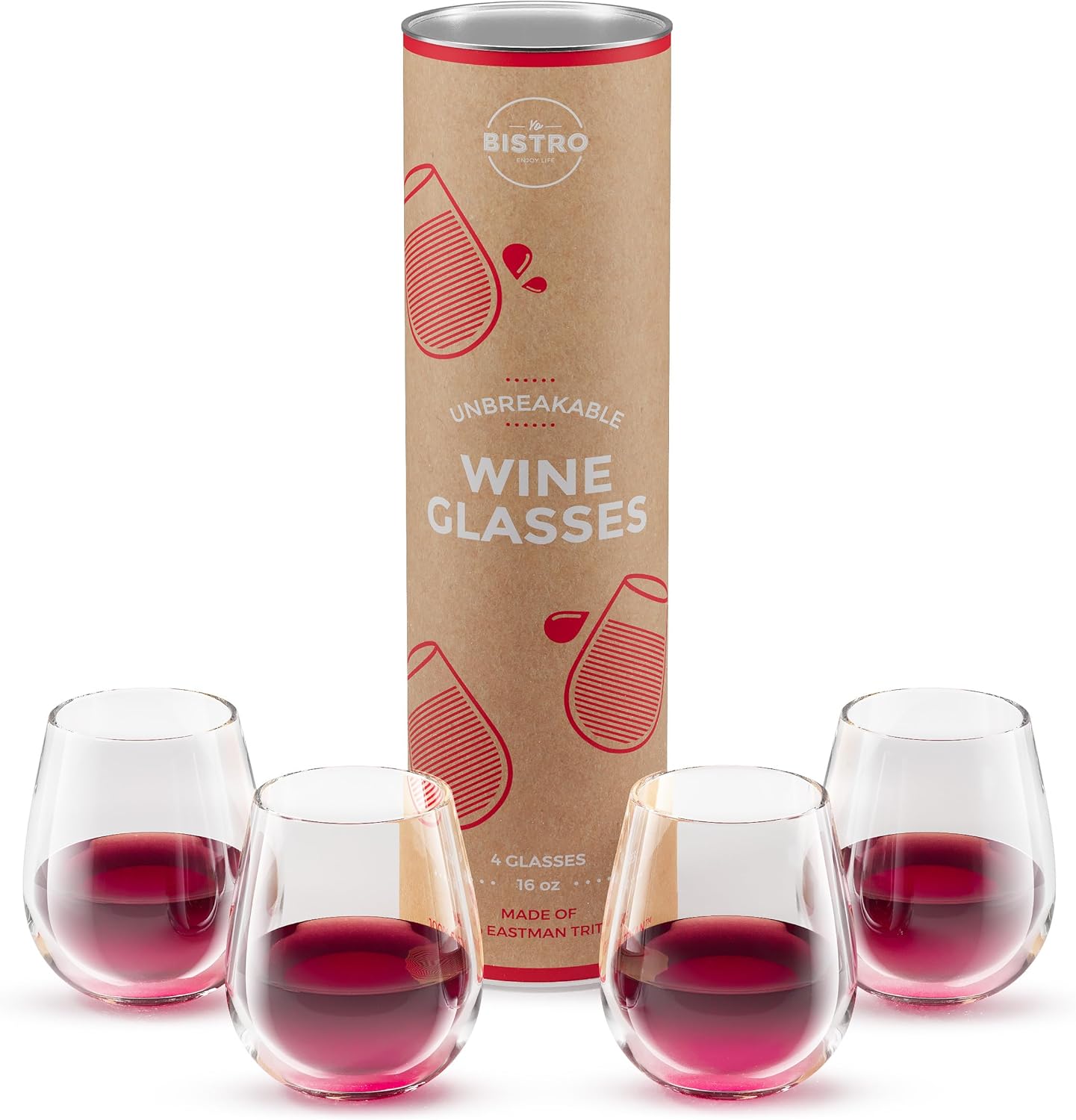 Unbreakable Stemless Wine Glasses | Set of 4 + Gift Box | 100% Tritan Shatterproof Plastic | 16 Oz | Dishwasher Safe