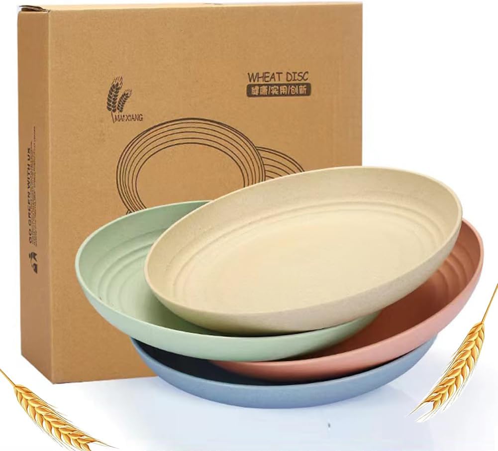 Unbreakable Wheat Straw Plates, 9 inch, Reusable Set of 4, Dishwasher Safe, BPA Free, Perfect for Kitchen, Outdoor, Picnic