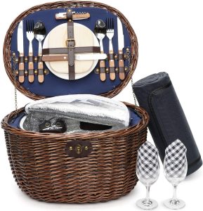 Unique Willow Picnic Basket for 2 Persons, Natural Wicker Picnic Hamper with Service Set and Insulated Cooler Bag - Best Gifts for Father Mother