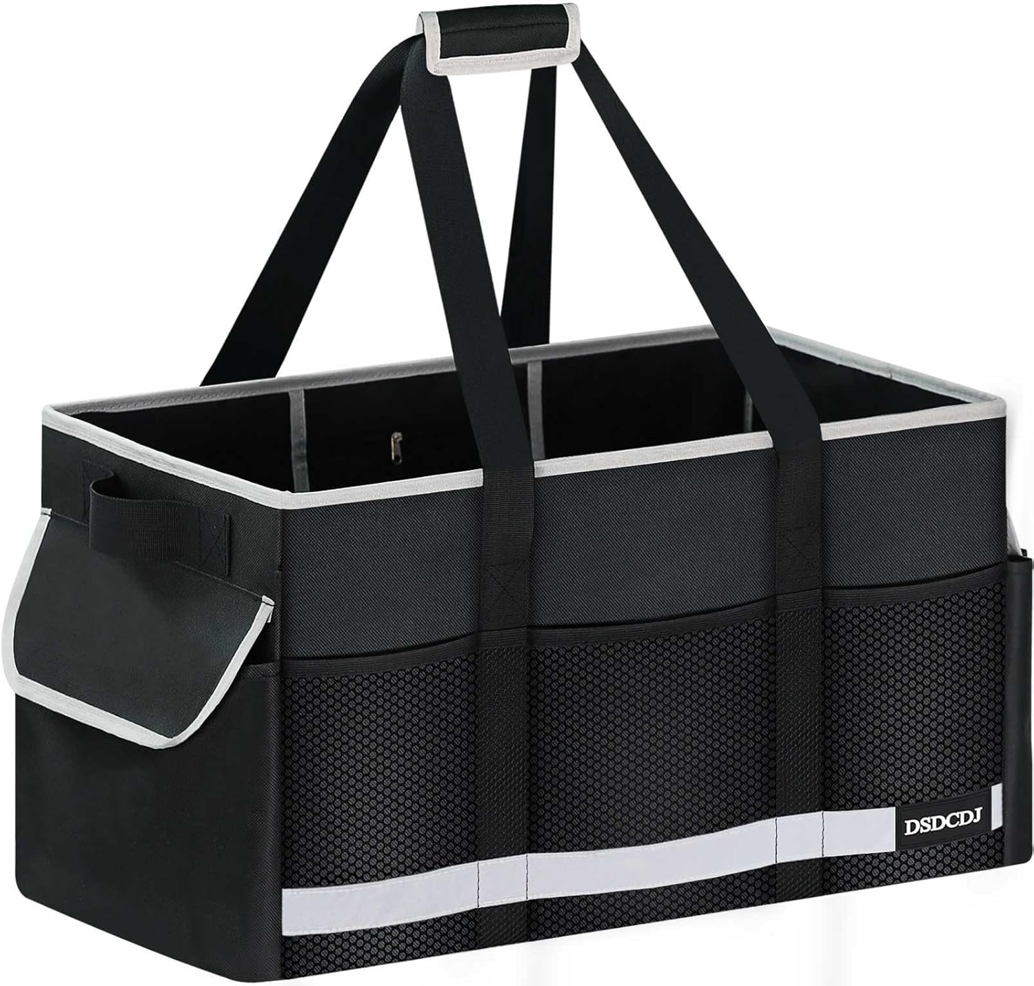 Upgrade Extra Large Utility Tote Bag with Reflective Strip, Standing Reusable Grocery Bags with Hard Bottom, Collapsible Utility Tote with Handles for Shopping, Beach, Picnics, Car, Black