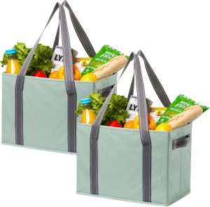 VENO 2 Pack 8 Gallon Reusable Grocery Bags, Shopping Bags for groceries, Extra Large Utility Tote with Handles and Hard Bottom, Foldable Cart Organizer, Water Resistant, Heavy-Duty (Light Green)