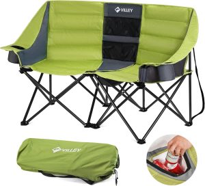 VILLEY Double Camping Chair w/Cooler Bag, Extra Wide Loveseat, Heavy Duty Padded Camping Couch, Portable Folding Chair w/Carry Bag Steel Frame Cup Holders for Camp Lawn Picnic Sports, Support 600LBS