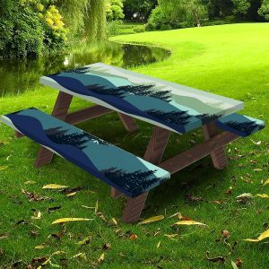 Vaukki Patio Table and Bench Fitted Tablecloth Cover, Rectangle Picnic Table Cover with Bench Covers, Elastic Waterproof Windproof Camping Table Cloth with Bag for Outdoor (Forest, 72 inches)