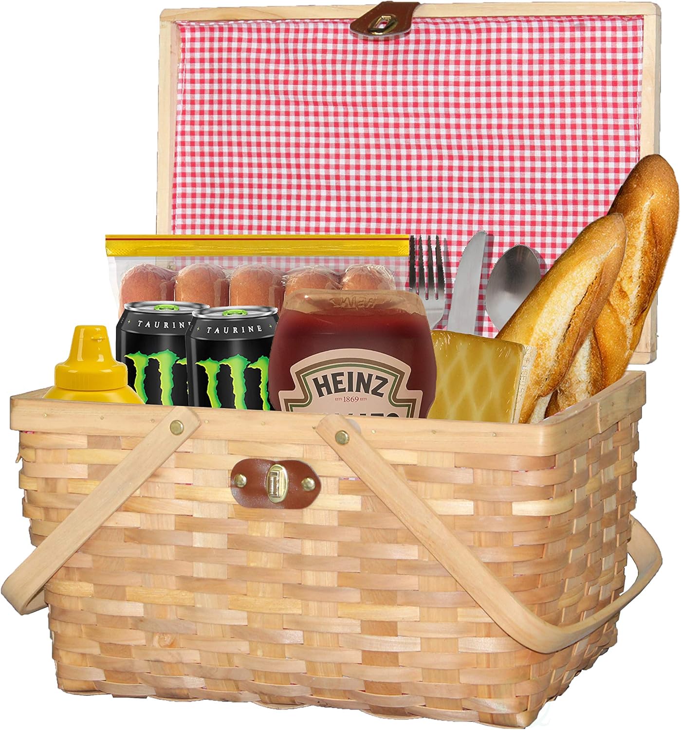 Vintiquewise.com Gingham Lined Woodchip Picnic Basket with Lid and Movable Handles