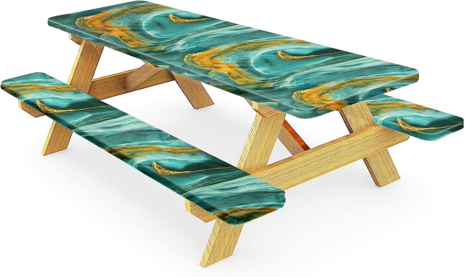 Vinyl Picnic Table Cover and Bench Covers Fitted Tablecloth,Double Flannel Backing Elastic Edge Waterproof Wipeable Plastic Tabel Cover for Indoor Outdoor Parties 3pcs - 96 * 30 in