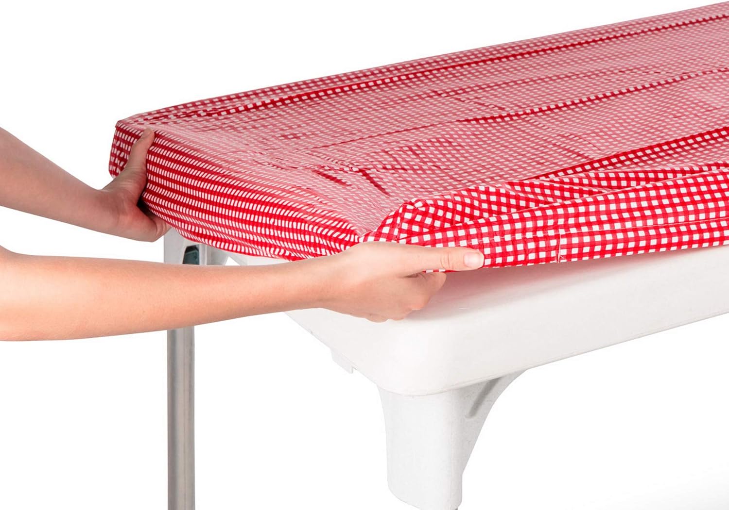 Vinyl Plastic Red and White Checkered Tablecloths 24 x 48 inch Fitted Elastic Table Covers for 4 Foot Rectangular Holiday Picnic Folding Table