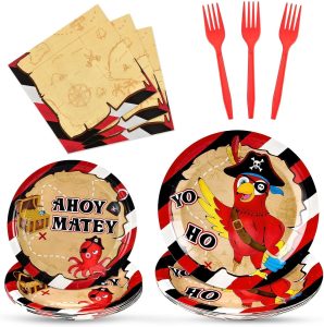 WERNNSAI Pirate Party Supplies - 64PCS Treasure Map Tableware Set Pirate Plates Napkins Forks Pirate Birthday Party Decorations for Kids Birthday Treasure Theme Party Serves 16 Guests