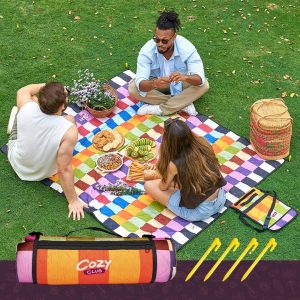 Waterproof Picnic Blanket 70x60 Inches Foldable Outdoor Mat with Pocket, Stakes & Shoulder Strap | Sandproof, Durable & Portable for Beach, Camping, Sporting Events & Travel