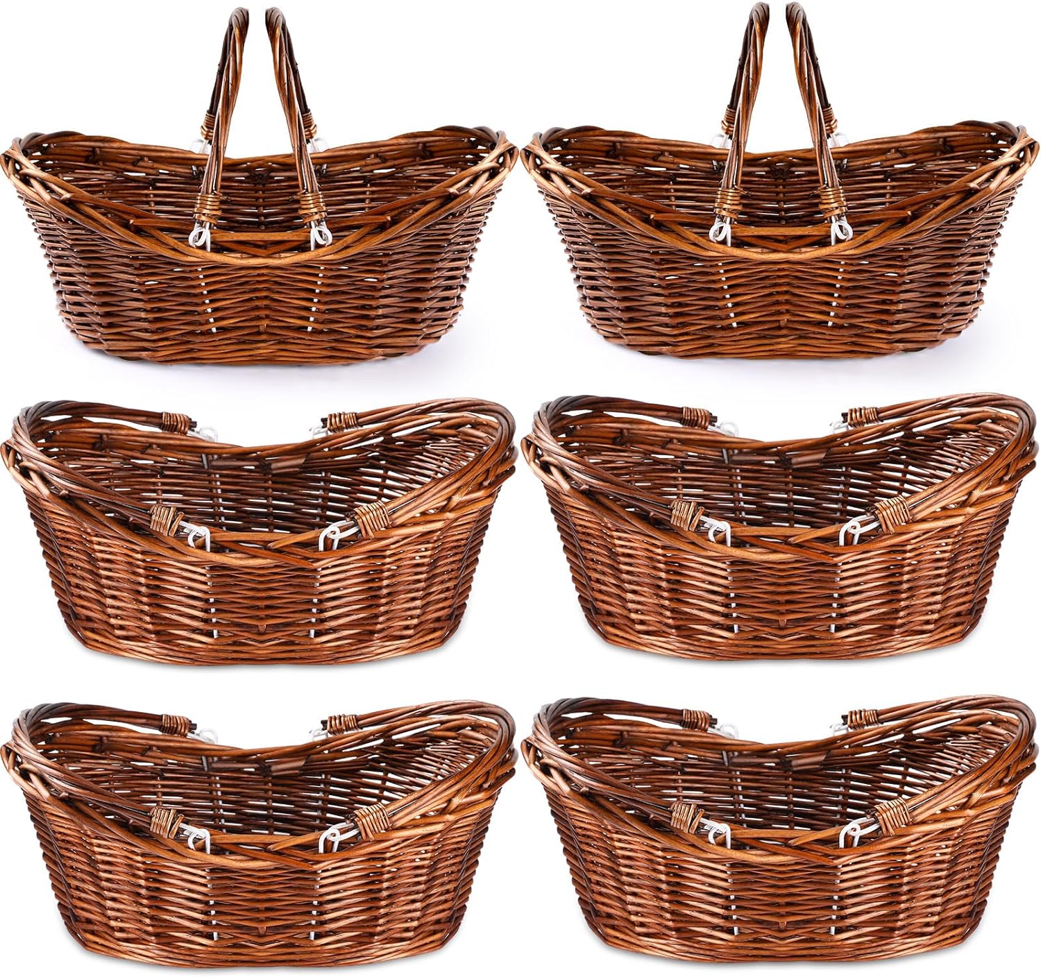 Wesiti 6 Pcs Wicker Picnic Basket with Handle, Hand Woven Harvest Basket Bulk, Wicker Flower Hoppet for Storage, Picnics, Easter, Organizing, Egg Gathering, Candy, Wedding(Dark Brown)