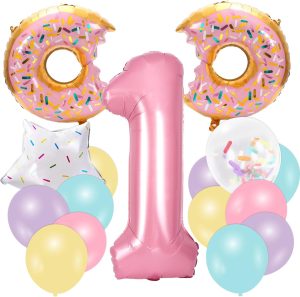 Whaline 29Pcs Donut First Birthday Party Decorations Colorful Donuts Balloons Confetti Star Balloons Number 1 Balloon for Sweet One Donut Birthday Decoration Supplies