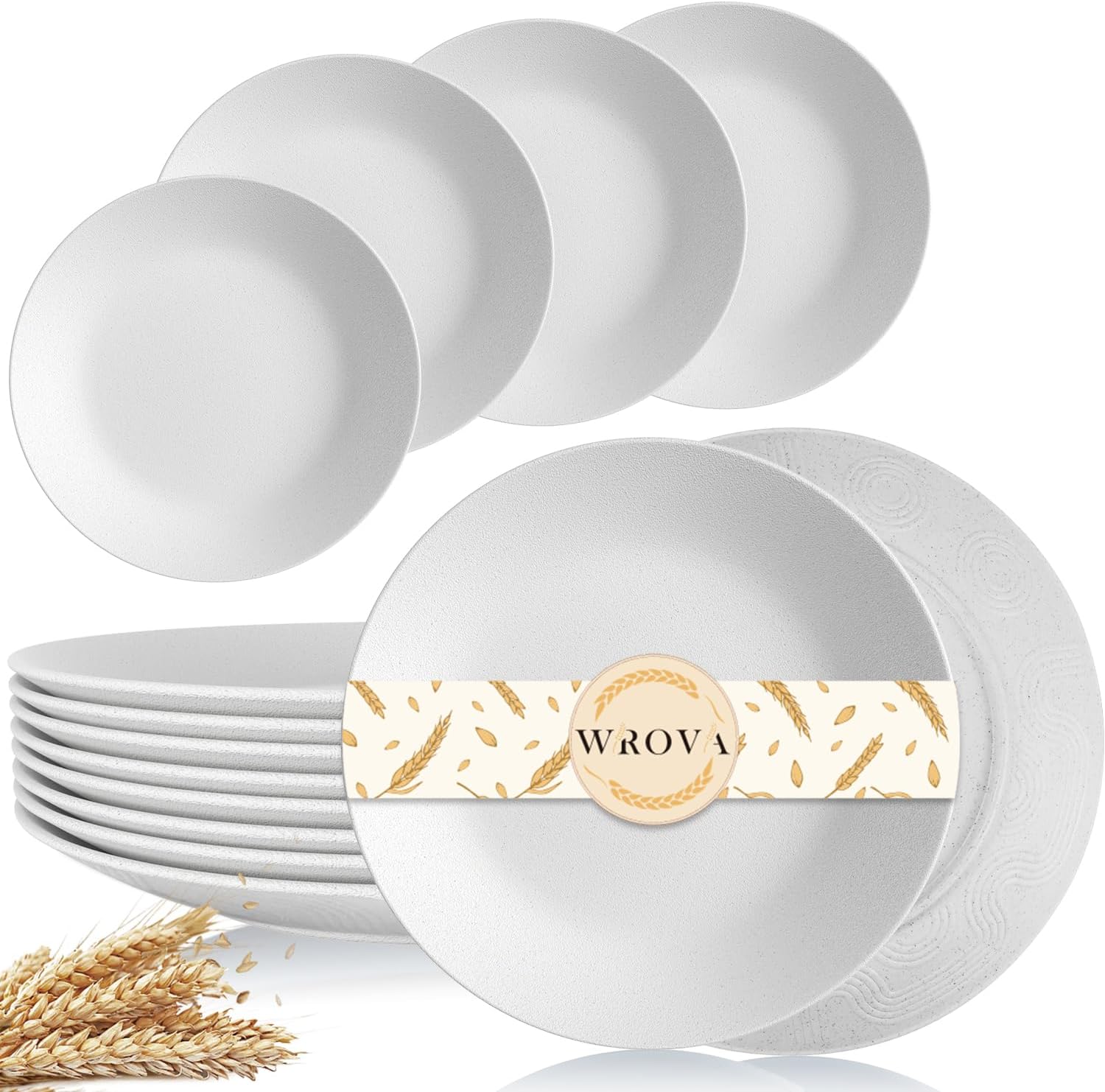 Wheat Straw Dinner Plates 10 Inch Unbreakable Set of 8 - Dishwasher & Microwave Safe Plastic Plates Reusable - Lightweight Plates for kitchen,camping,picnic,R.V. - White