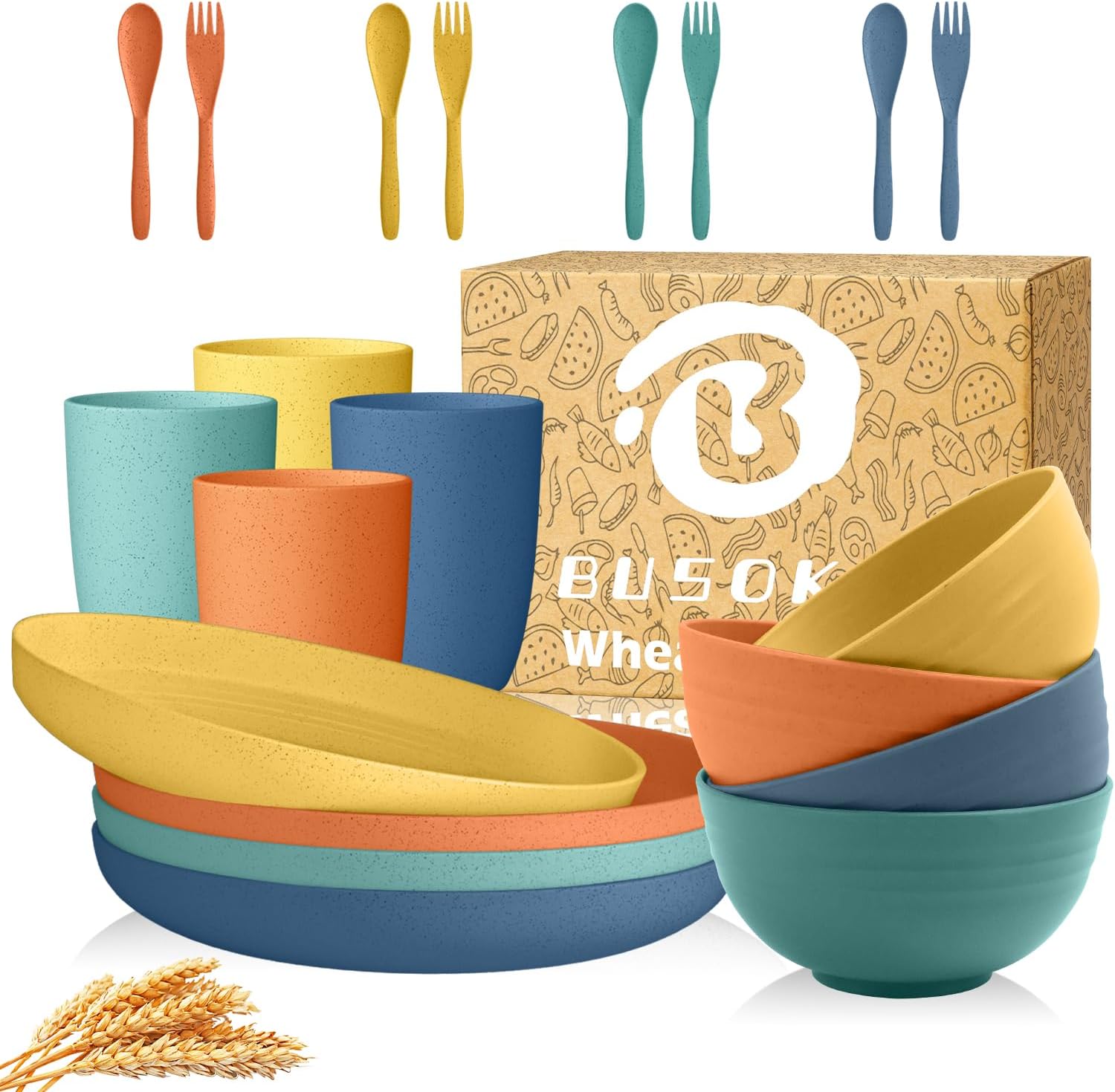 Wheat Straw Dinnerware Sets | Service for 4 | Unbreakable Plates and Bowls Sets 20 PCS Alternatives to Plastic Dishes, Drinking Cups, Dishwasher & Microwave Safe Dish Sets (Multicolor)
