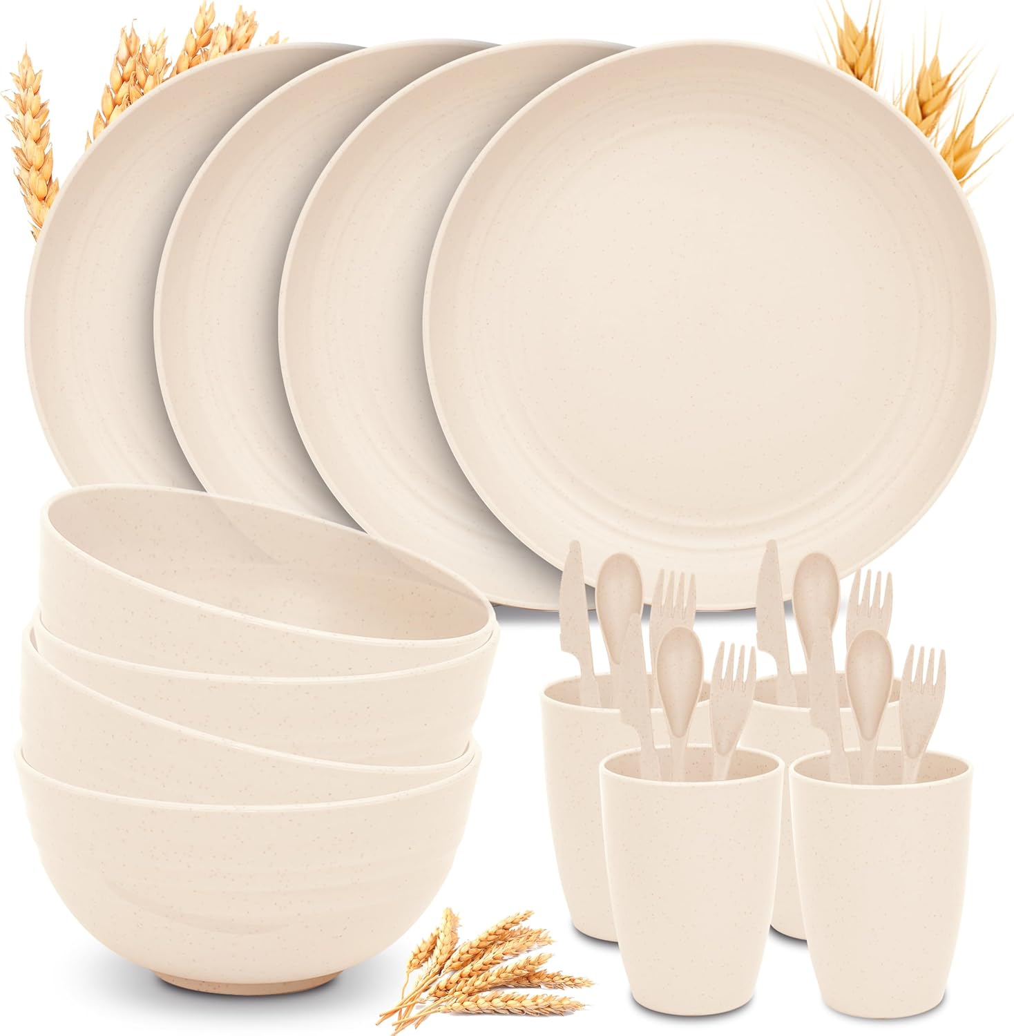 Wheat Straw Dinnerware Sets for 4 - GreenChoice Lightweight & Unbreakable Dishes Microwave & Dishwasher Safe Perfect for Camping, Picnic, RV, Dorm Plates, Cups and Bowls (Beige)