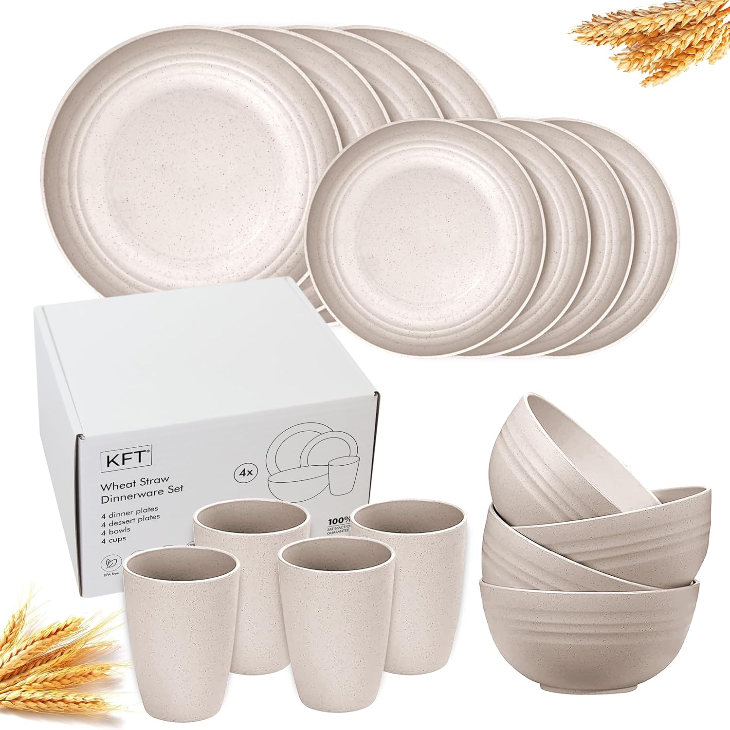 Wheat Straw Dinnerware Sets for 4 - KFT Lightweight & Unbreakable Dishes Microwave & Dishwasher Safe Perfect for Camping, Picnic, RV, Dorm Plates, Cups and Bowls (Beige)