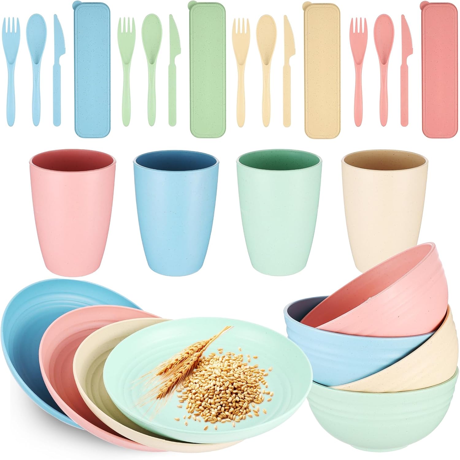 Wheat Straw Dinnerware Sets for 4 - Lightweight & Unbreakable Dishes - Microwave & Dishwasher Safe - Perfect for Camping, Picnic, RV - Kids Plates and Bowls Sets - College Dorm Room Essentials