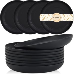 Wheat Straw Plates - 9 Inch Unbreakable Dinner Plates Set of 8 - Dishwasher & Microwave Safe Plastic Plates Reusable - Lightweight Plates for kitchen,camping (pure black), P-25