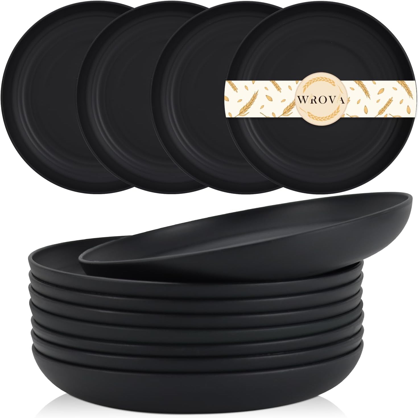Wheat Straw Plates - 9 Inch Unbreakable Dinner Plates Set of 8 - Dishwasher & Microwave Safe Plastic Plates Reusable - Lightweight Plates for kitchen,camping (pure black), P-25