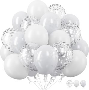 White Balloons - 12 Inch Latex Balloons with Silver Confetti for Boho Birthday, Baby Shower, Wedding, Valentine's Day Party Decoration