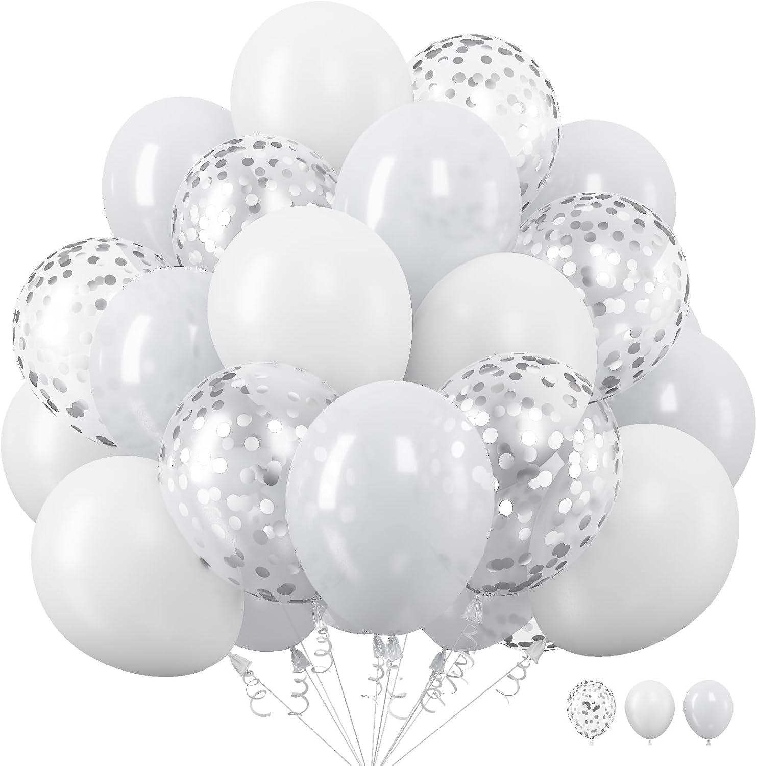 White Balloons - 12 Inch Latex Balloons with Silver Confetti for Boho Birthday, Baby Shower, Wedding, Valentine's Day Party Decoration