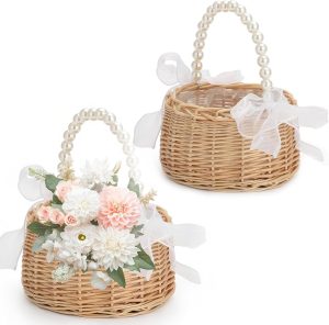 Wicker Flower Girl Basket Set of 2, Rustic Elegant Wedding Baskets with Pearl Handle and Ribbon Bow, Rattan Flower Basket for Outdoor Picnic Home Wedding Decoration