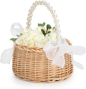 Wicker Flower Girl Basket, Wedding Flower Girl Basket with Pearl Handle and Ribbon Bow, Small Easter Baskets,Rustic Elegant Wedding Baskets for Outdoor Picnic Home Wedding Decoration