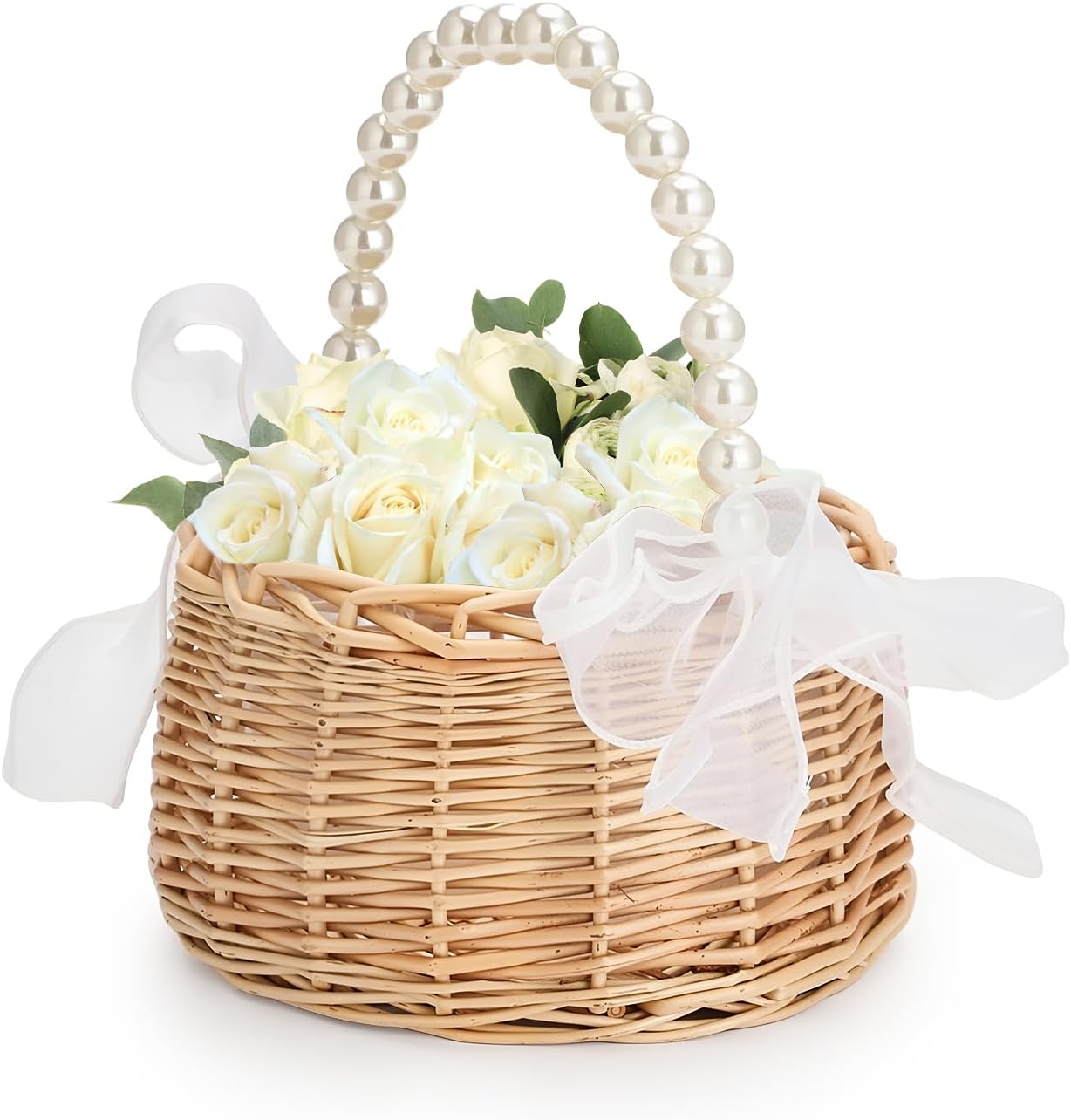 Wicker Flower Girl Basket, Wedding Flower Girl Basket with Pearl Handle and Ribbon Bow, Small Easter Baskets,Rustic Elegant Wedding Baskets for Outdoor Picnic Home Wedding Decoration