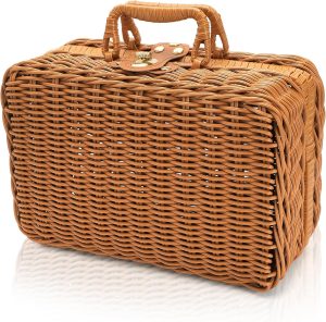 Wicker Picnic Basket, Vintage Rattan Suitcase Basket with Handle, Rustic Storage Hamper Prop Case with Leather Strap Lock, Wicker Storage Box Makeup Organizer for Sundries Camping Travel
