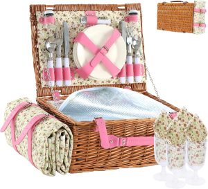 Wicker Picnic Basket for 4 with Insulated Cooler & Waterproof Blanket - Handwoven Luxury Outdoor Set with Ceramic Plates, Perfect for Beach, Camping & Romantic Getaways