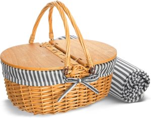 Wicker Picnic Basket with Blanket Set Vintage Picnic Basket with Lid and Handle Classic Picnic Box Sturdy Woven Body with Washable Lining Picnic Accessories for Outdoor Camping (Black)