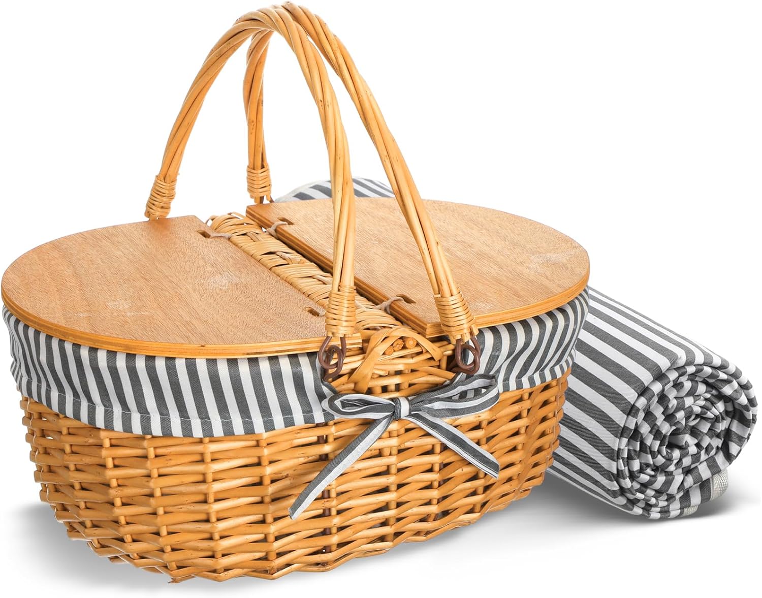 Wicker Picnic Basket with Blanket Set Vintage Picnic Basket with Lid and Handle Classic Picnic Box Sturdy Woven Body with Washable Lining Picnic Accessories for Outdoor Camping (Black)