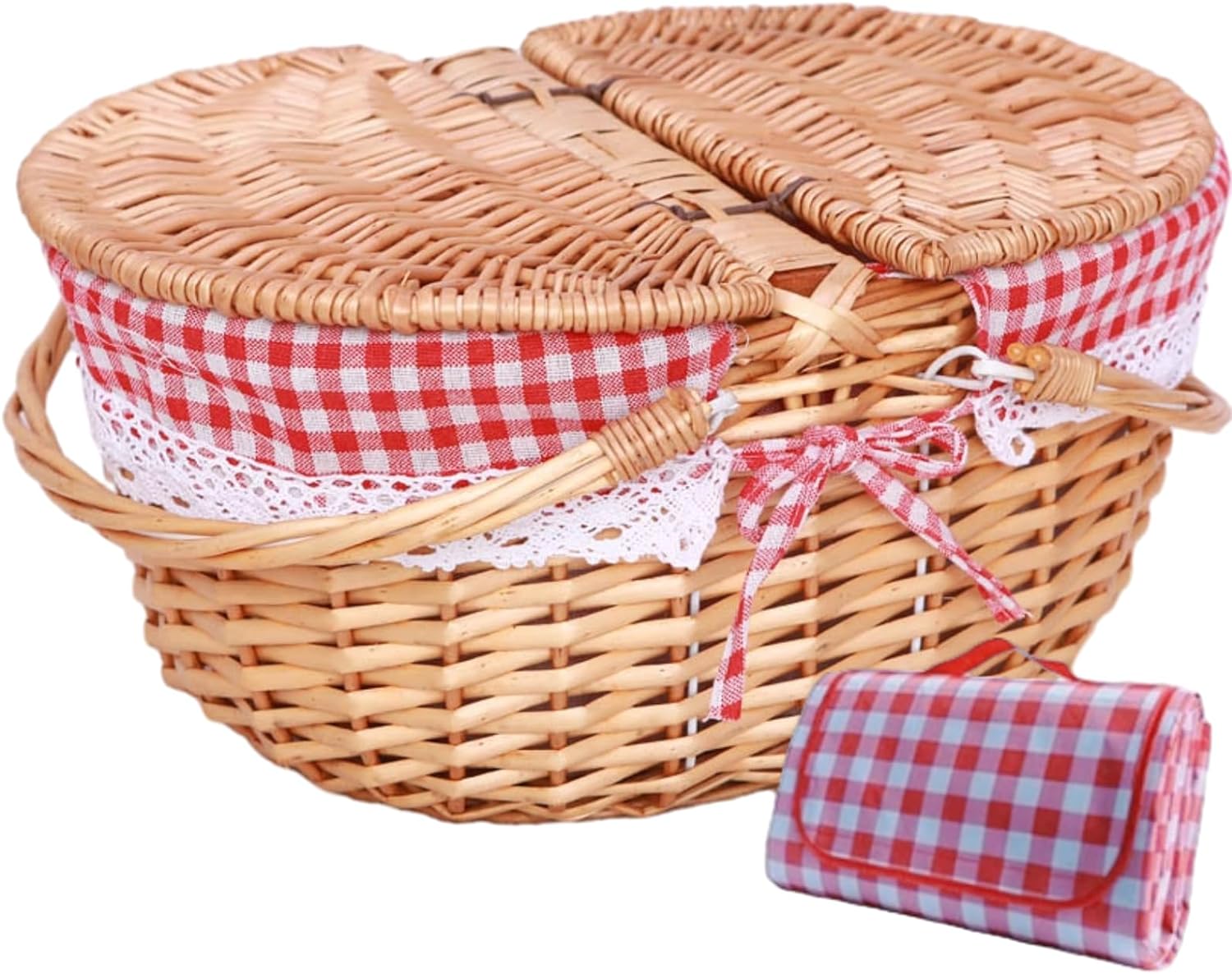 Wicker Picnic Baskets, Country Vintage Picnic Basket with Picnic Cloth Split Lid Picnic Basket, with Folding Handle Picnic Hamper for Picnic Hiking Camping（13.78" D x 9.84" W x 6.69" H）