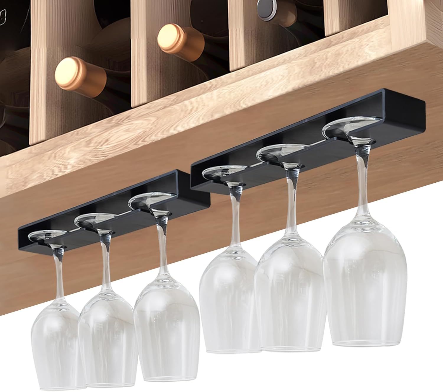 Wine Glass Holder, 2 Pack, No Drilling Required, Hanging Stemware Rack Organizer for Bar Cabinet Kitchen, Black