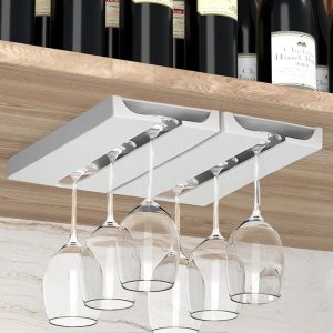 Wine Glass Holder Under Cabinet ，Wine Glass Rack - Under Cabinet Stemware Wine Glass Holder Glasses Storage Hanger plastic Organizer for Bar Punch-free Self-adhesive 2 Pack（White）