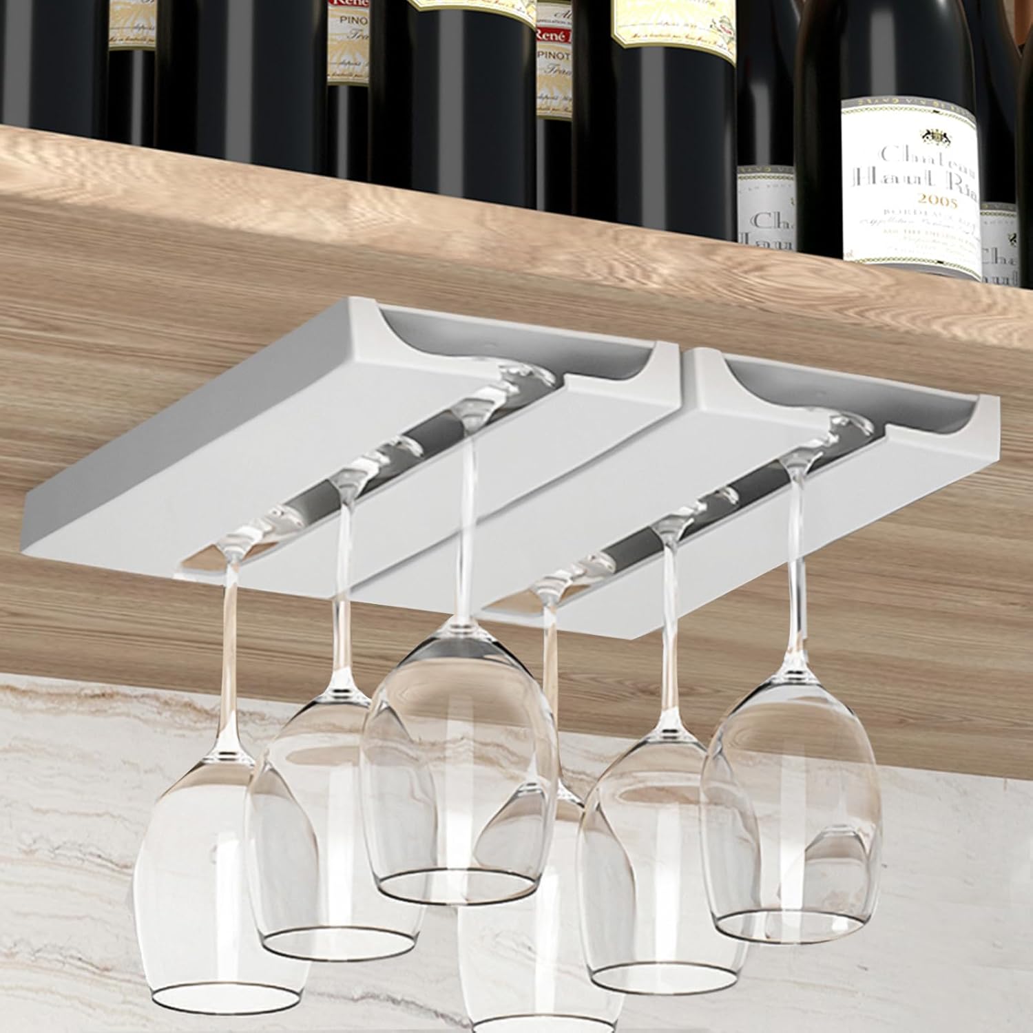 Wine Glass Holder Under Cabinet ，Wine Glass Rack - Under Cabinet Stemware Wine Glass Holder Glasses Storage Hanger plastic Organizer for Bar Punch-free Self-adhesive 2 Pack（White）