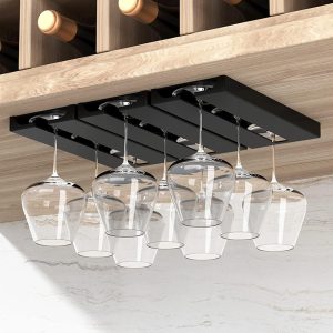 Wine Glass Holder Under Shelf, 2 Pack Wine Glass Rack - Punch-free Under Cabinet Stemware Glasses Storage Hanger, Plastic Organizer for Bar, Self-adhesive (Classic Black)