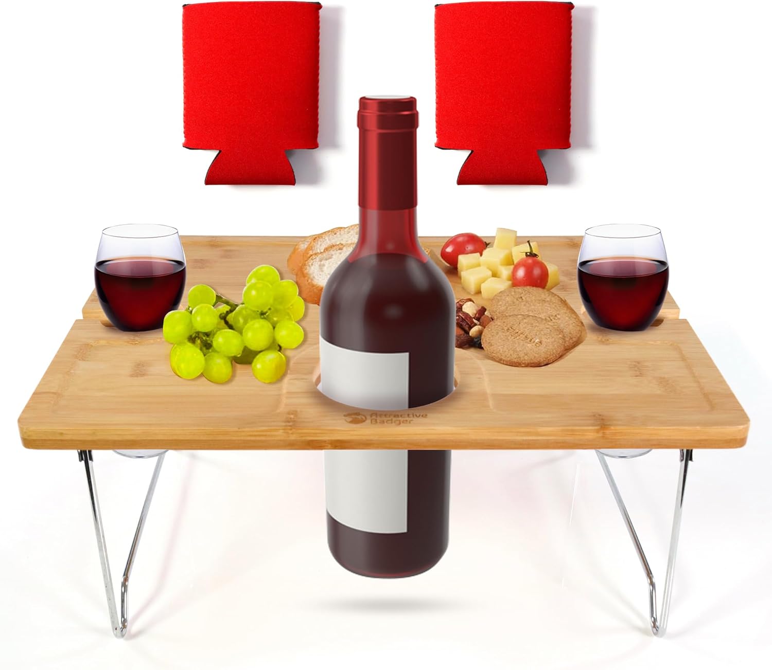 Wine Picnic Table - Folding Portable Bamboo Tray - Snack, Wine Glass & Bottle Holder - Sturdy, Compact, Camping, Outdoor, Beach, Parks - Complete with 2 Can Coolers